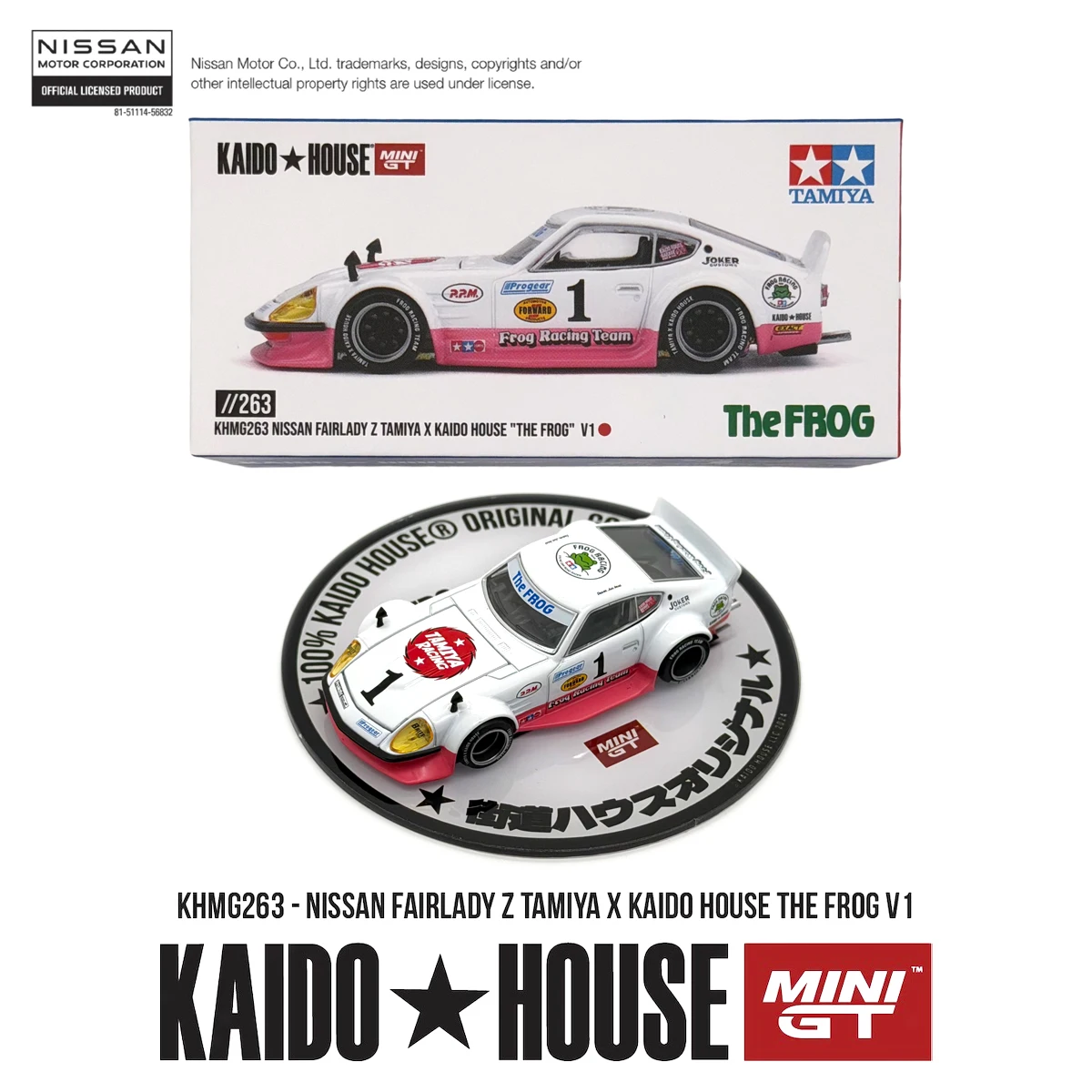 カイドーハウス-khmg263-1-64-フェアレディz-タミヤ-ザ・フロッグ-v1-ホワイトピンク-オープンフード-ワイドボディ-jdm-レースカー-ダイキャストモデル-在庫あり