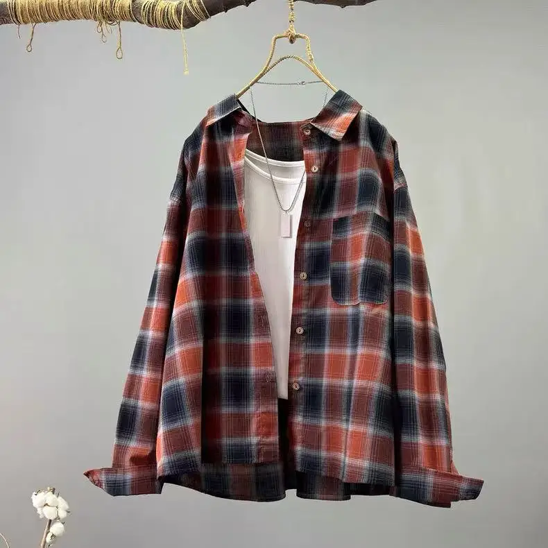 

2026 Vintage women's plaid shirts Japanese style casual cotton yarn red black checkered oversized shirts large size tops