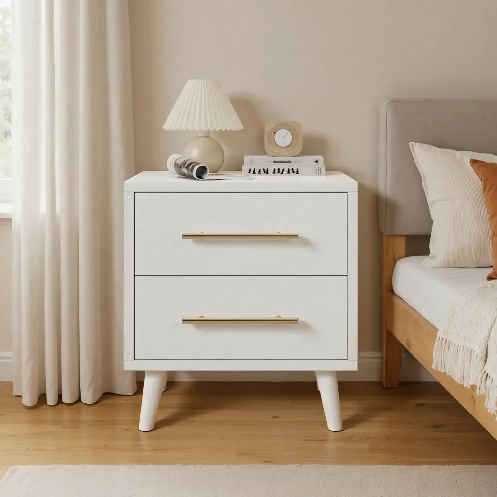 

NightStand With 2 Wood Drawers Bedside Table With Metal Handles For Bedroom,White
