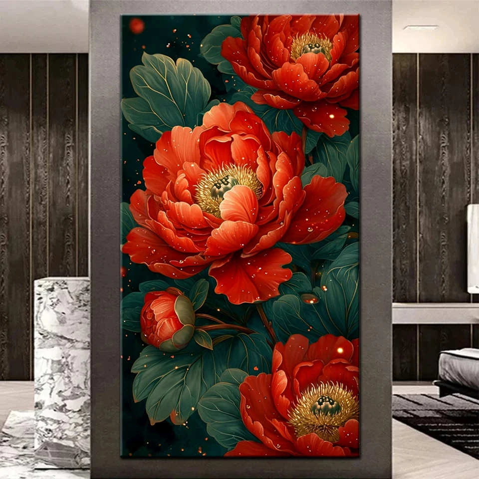 Full Diamond Mosaic Red Peony Flower Large Size Diamond Painting Diy Rhinestone Embroidery Floral Picture Home Decor