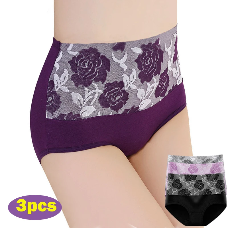 3Pcs/Lot High Waist Panties for Women Cotton Plus Size Underwear Female Print Flower Briefs Ladies Shapers Soft Sexy Lingeries