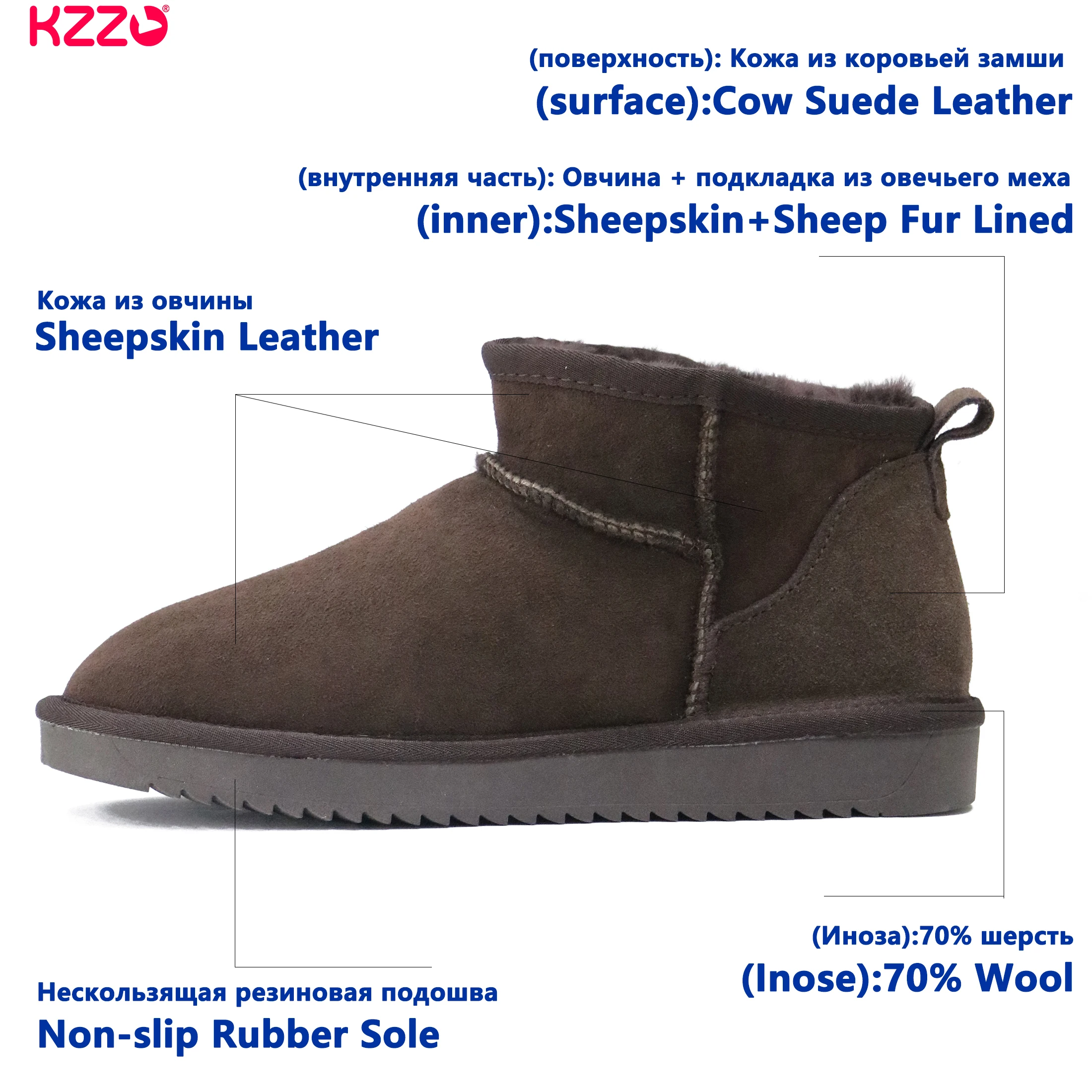 KZZO Women’s Mini Short Australian Sheepskin Snow Boots, Natural Wool Fur Lined, Genuine Leather Winter Warm Non-Slip Ankle Boot