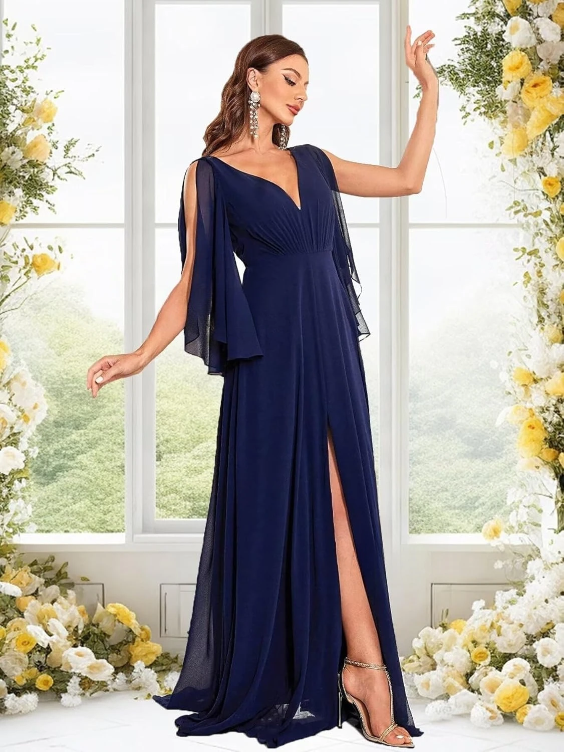 Brautjungfernkleider mit tiefem V-Ausschnitt und Rüschenärmeln, Schlitz, gerüscht, Chiffon, Maxi, formelles Abendkleid, formelles Kleid für Damen, elegant