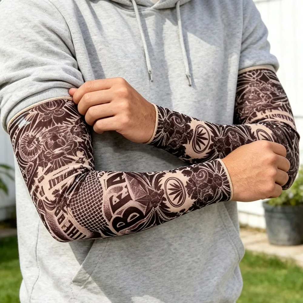 2Pcs Tattoo Arm Sleeves for Men Women, Seamless Sun Protection Cooling Arm Covers, Outdoor Cycling Hiking Fishing