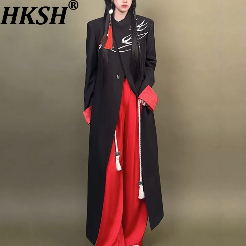 HKSH Women Chic Trench Coat Chinese Style Niche Design Embroidery Color Block Elegant Fashion Long Jacket Spring Autumnn HK20318