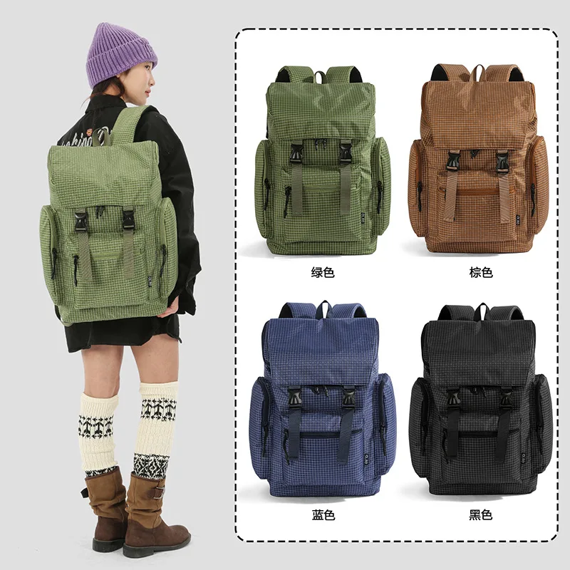 

Polyester lightweight checkered backpack, casual large-capacity multi-pocket waterproof girls' travel bag