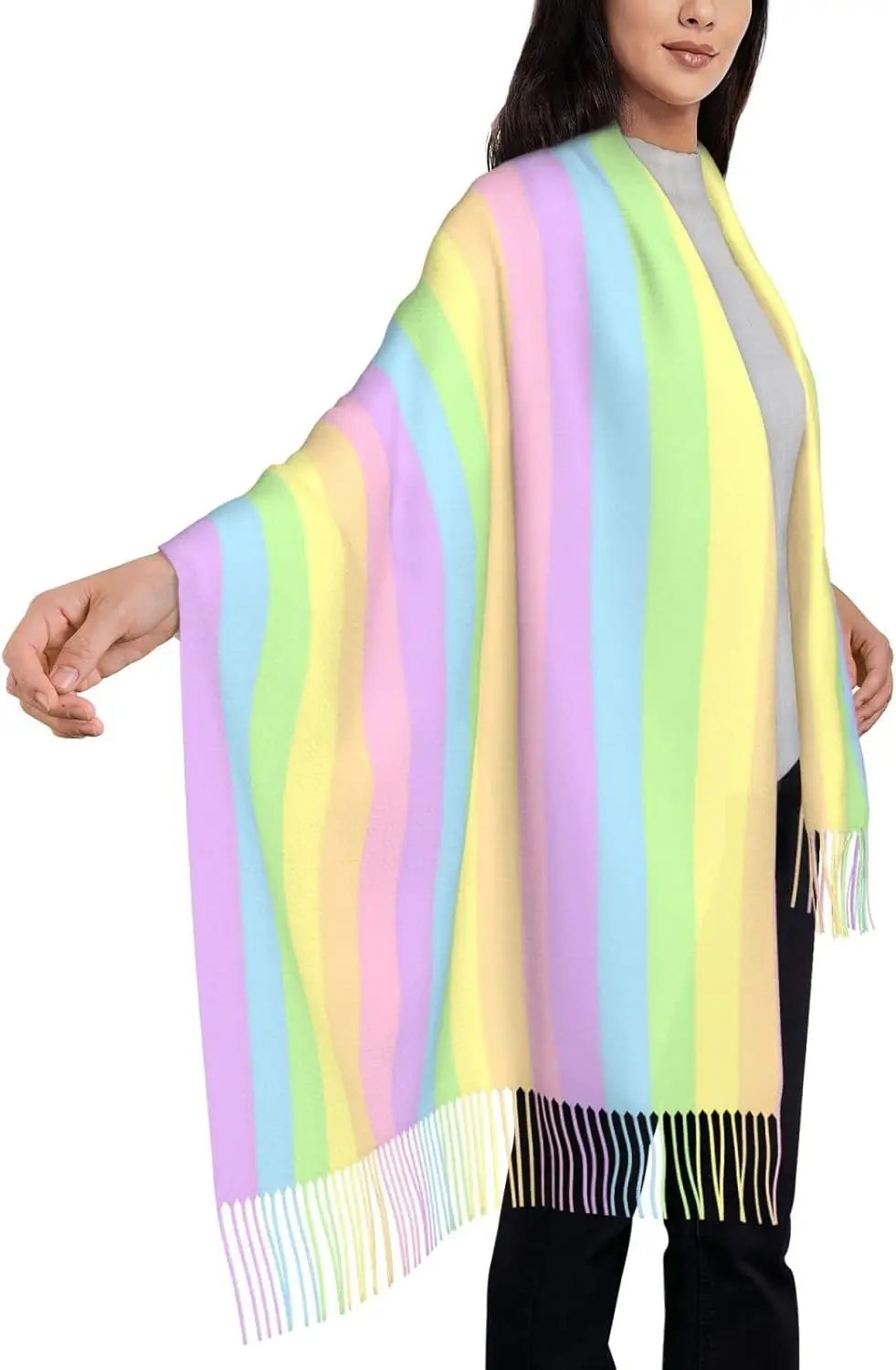 

Women'S Pastel Rainbow Striped Oversize Tassel Shawl Scarf Wraps For Women