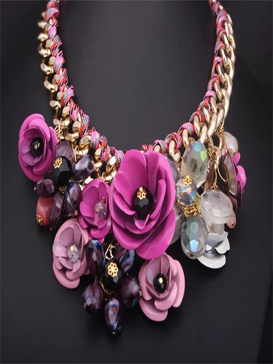 Colorful flower jewel pendant cotton rope woven necklace