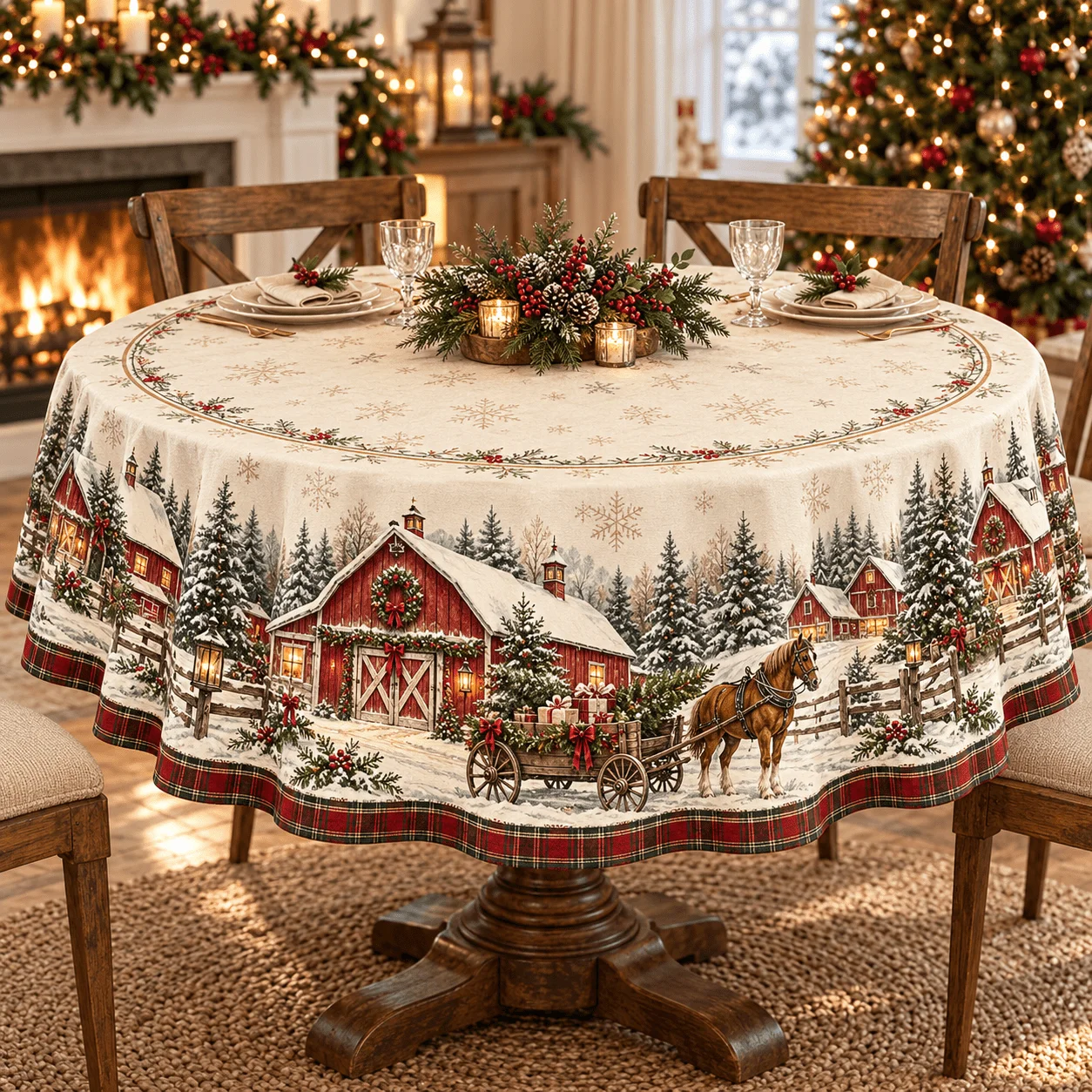 1 round tablecloth with beige snowflake base with red barn, carriage and forest snow print, perfect for Christmas