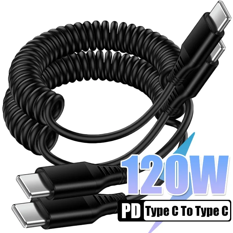 PD 120W USB C To Type C Coiled Cable Fast Charging Cord Retractable Data Syncing Wire for Iphone 15 Laptop Tablet 1/1.8M Cable