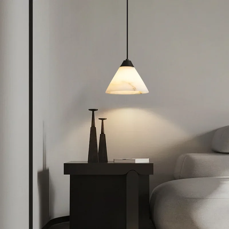 

SANDYHA Nordic Luxury Simple Copper Natural Marble Bedside Chandelier Pendant Light for Bedroom Dining Room Study Bar LED