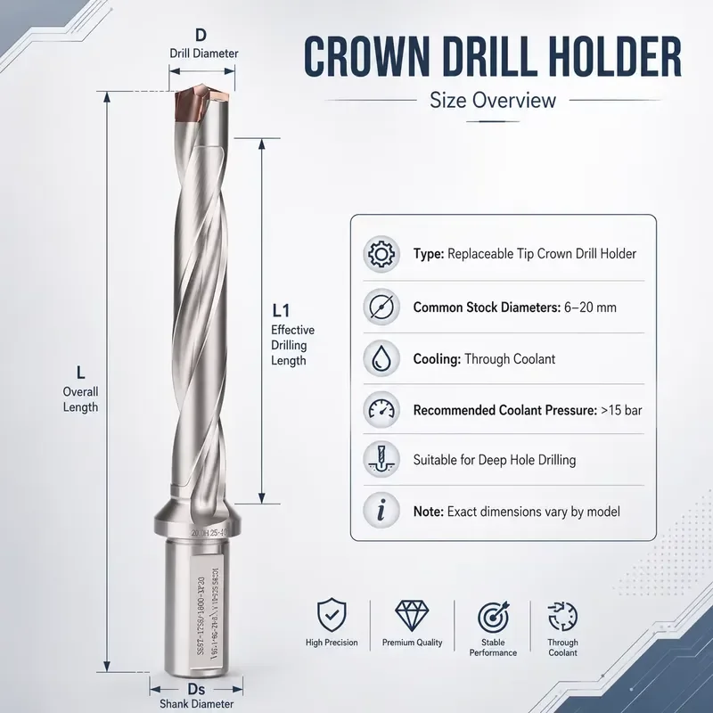 Interchangeable Head Modular Drill, 20-22mm Diameter with Internal Cooling, for Stainless Steel Drilling