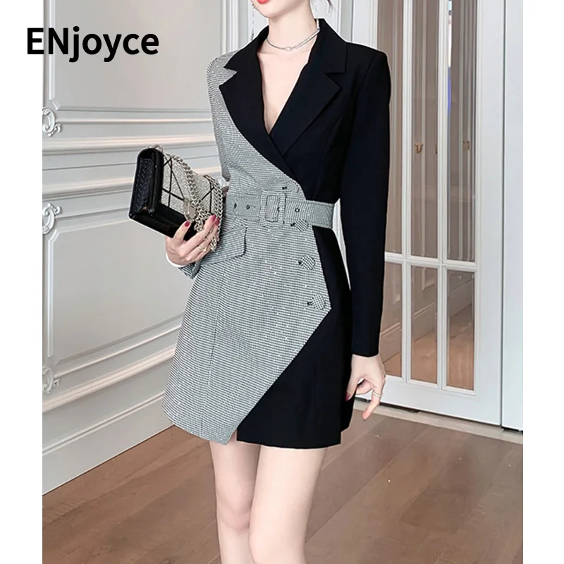 

ENjoyce Spring Vintage Fake Two-Piece Design Patchwork Plaid Suit Dresses Office Ladies Slim High Waist Mini Dress Workwear