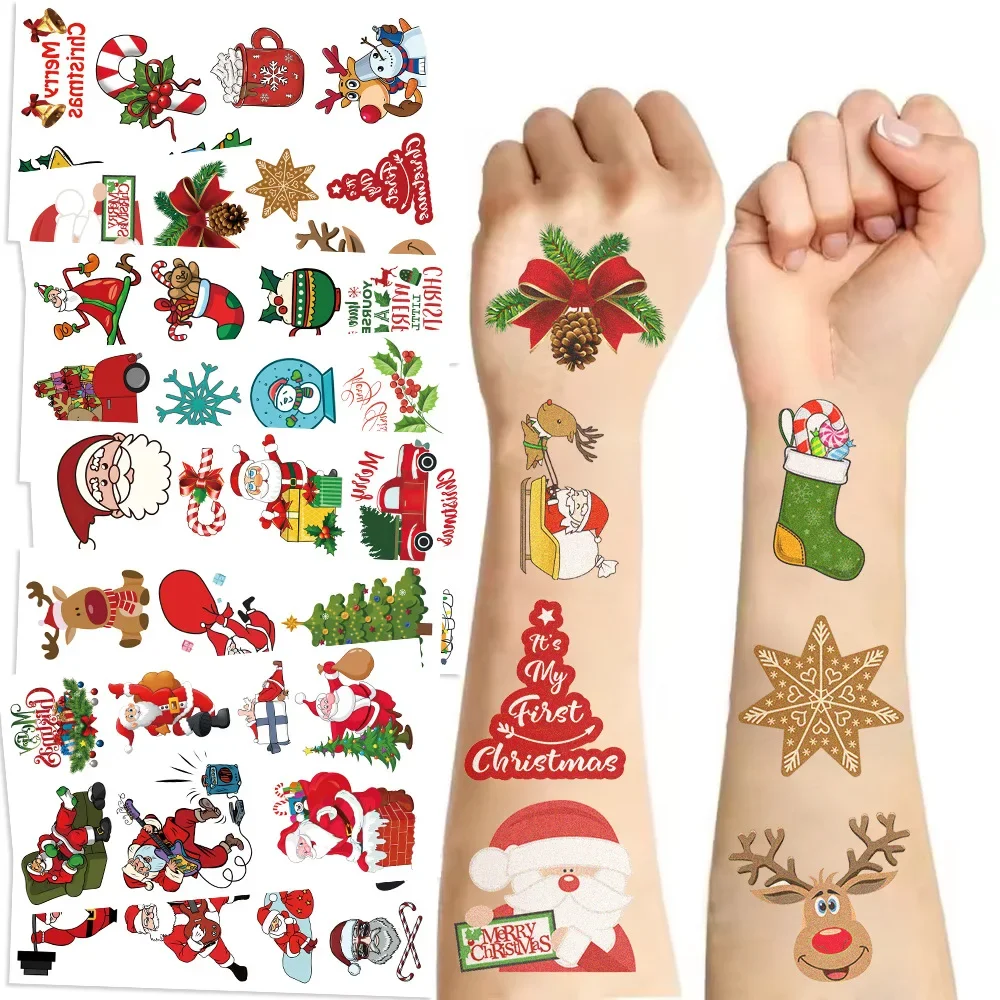 30Pcs Christmas Temporary Tattoo Stickers, Waterproof Disposable Body Decals for Kids Holiday Party Decor