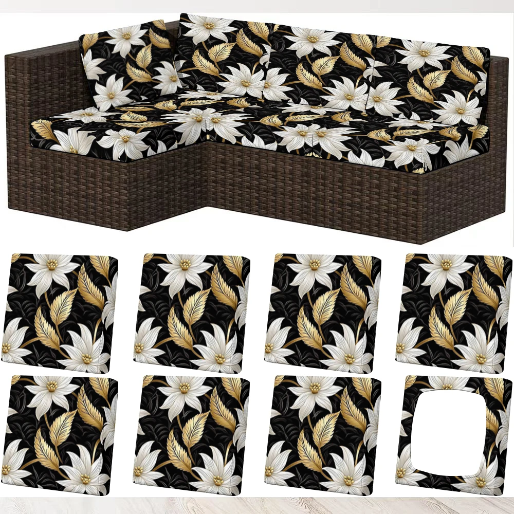 Summer Outdoor Sofa Cover with Luxurious White Flowers & Gold Leaves Print, Milk Silk Material, Elastic Fit,