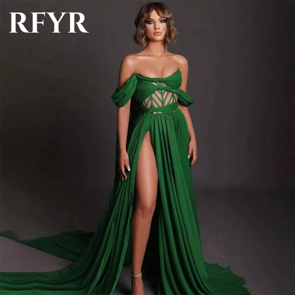 

RFYR Sexy Emerald Prom Dress Off The Shoulder Sweetheaart Satin Evening Dress Party Dress With High Slit Pleats Robe De Soirée