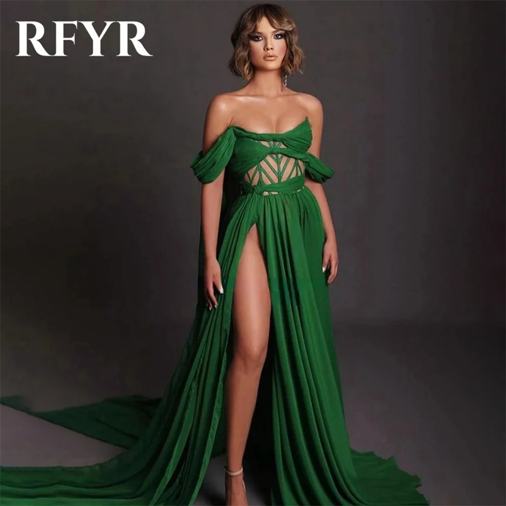 RFYR Sexy Emerald Prom Dress Off Shoulder Sweetheaart Satin Evening Dress Party Dress with Slit Pleats Robe De Soirée Customized