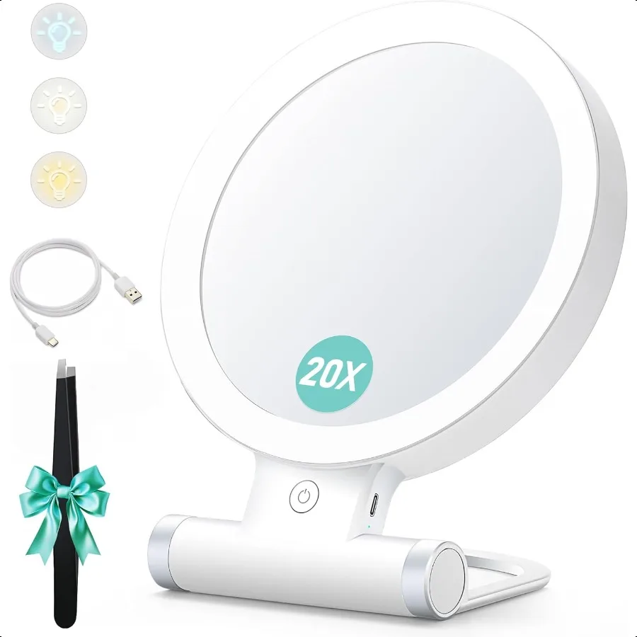 

Magnifying Mirror with Light 20X 1XDouble Sided Tabletop Mirror with Adjustable Folding Handle Cosmetic Mirror for Makeup Trave