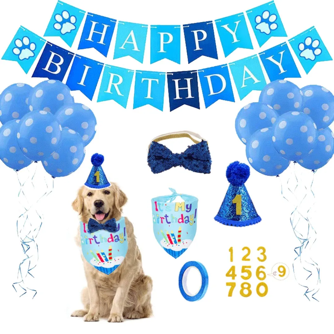 Pet Birthday Set with Golden Sequins Hat Bandana Birthday Party Banner Decoration Bow Tie Cat Dog Festive Party Accessories