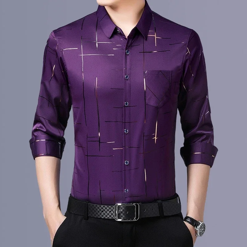 Camisa estampada de manga larga informal y de moda para hombre, top de negocios sin planchar y resistente a las arrugas