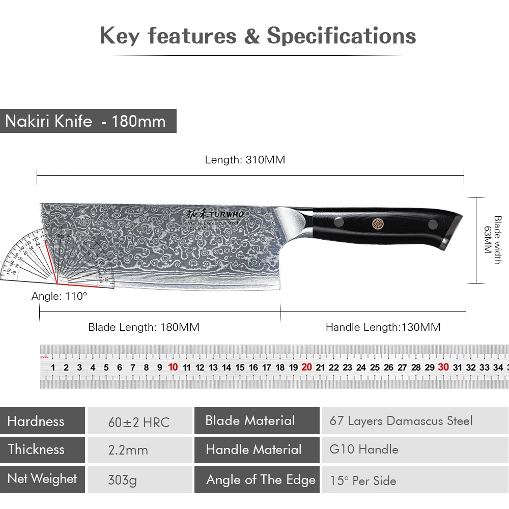 Imagem -06 - Turwho Faca Nakiri 67 Camadas Aço Damasco Cutelo de Carne Afiado Fatiador Vegetal Ferramentas de Cozinha Alça G10