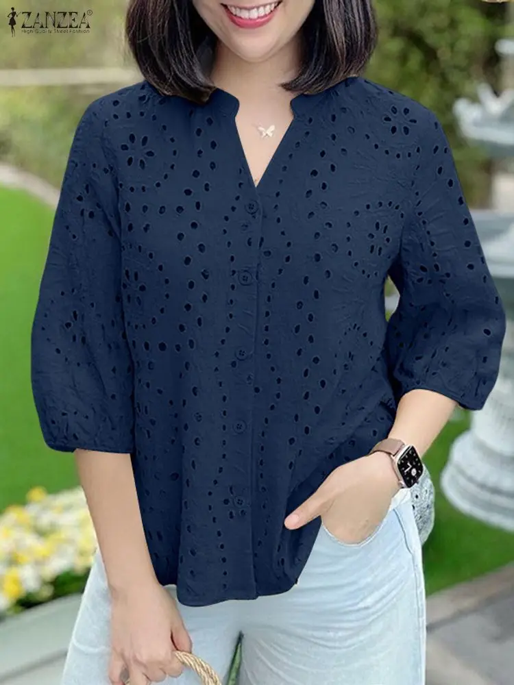 ZANZEA Women Shirt Stylish Hollow Out Embroidered Blouse Autumn Elegant V Neck 3/4 Sleeve Tops Patchwork Work Blusas Mujer Femme