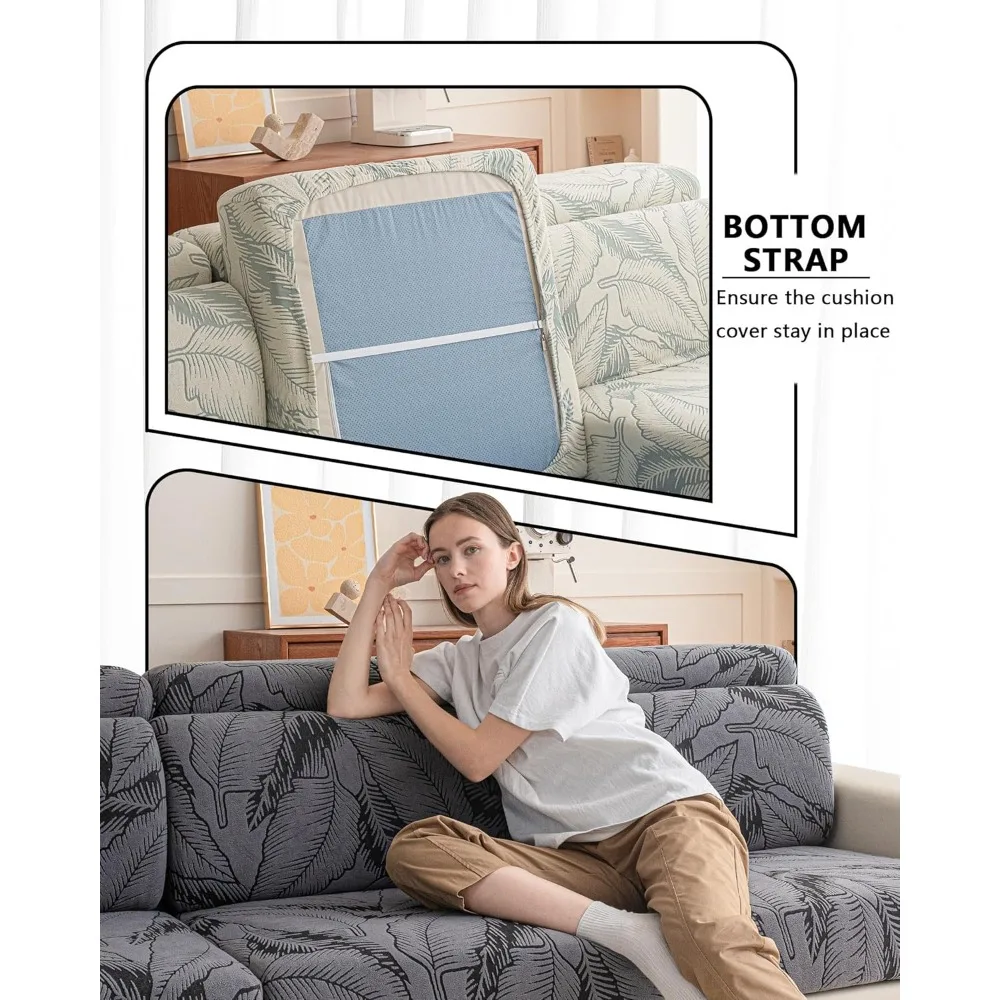 أغطية أريكة مقطعية على شكل حرف L صديقة للغسل مع طباعة أوراق شجر لحماية الأريكة ذات 3 وسائد