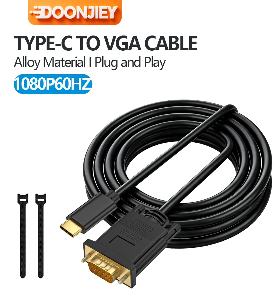 Type C to VGA Cable Thunderbolt 3/4 Compatible Video Cord for Notebook Computer Monitor Projector Conference with 2 Cable Straps