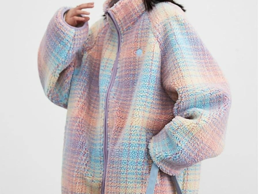 

2025 Winter New Product Standing Collar Rainbow Stripe Imitation Lamb Wool Jacket Warm Coat for Women