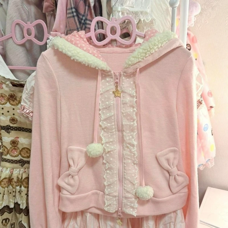 

Японская милая толстовка с капюшоном и ушками кролика в стиле Y2K, с бантом, карманом, кружевными вставками, розовая, на молнии ​ Толстовка