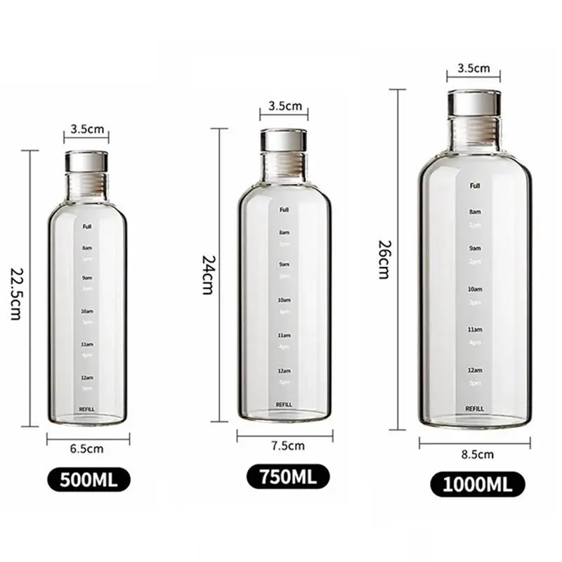 ABUN Borosilicate Glass Sport Water Bottle 750ml, Portable Time Scale Sealed Brewing Container for Gym Office Outdoor