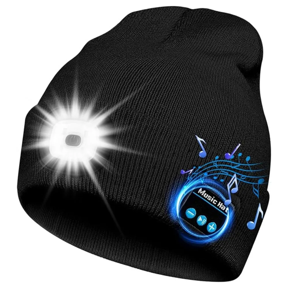 Bluetooth LED Light Woolen Hat Rechargeable Warning Light Wireless Headphone Knit Hat With Button Battery Running Cycling