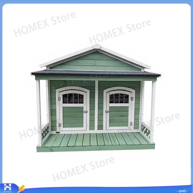 Outdoor Dog House Small Medium Solid Wood Pet Cat Bed Two Door Villa Waterproof Warm Hinged Closure No Assembly Required