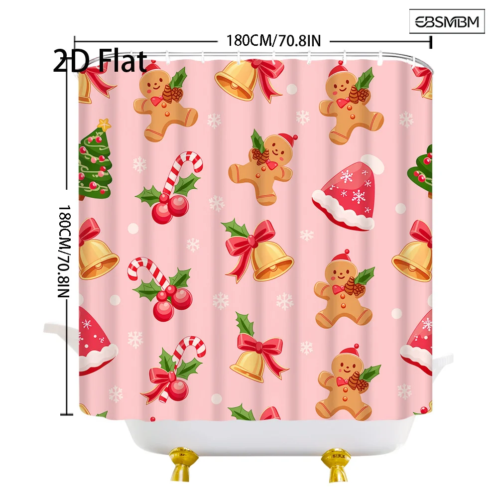 1pc Christmas Shower Curtain Cute Gingerbread Man Jingle Bell Candy Cane Christmas Tree Santa Hat Snowflake Pattern Pink Background Polyester Fabric Bathroom Hanging Curtain Bath Partition Decor 70.8X70.8 Inch with 12 Hooks