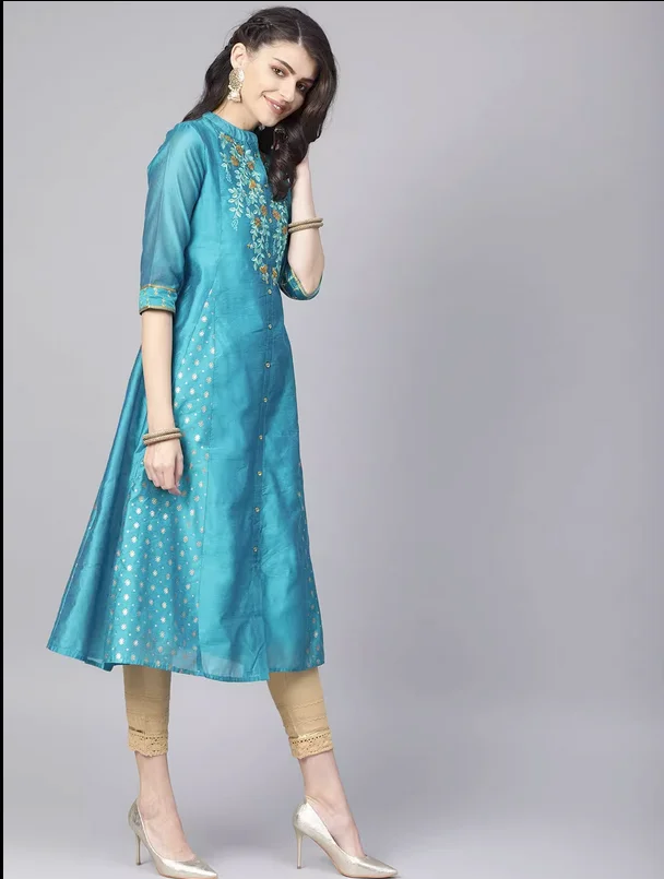 Indian ethnic style women's clothing, silk embroidery, long standing neck, 3/4 sleeves