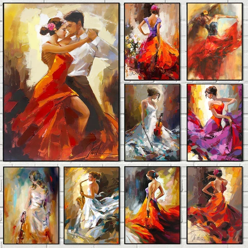 Dancing Girl Red Skirt Poster Canvas Painting Abstract Dancer Vintage Wall Art Picture Living Room Home Decoration