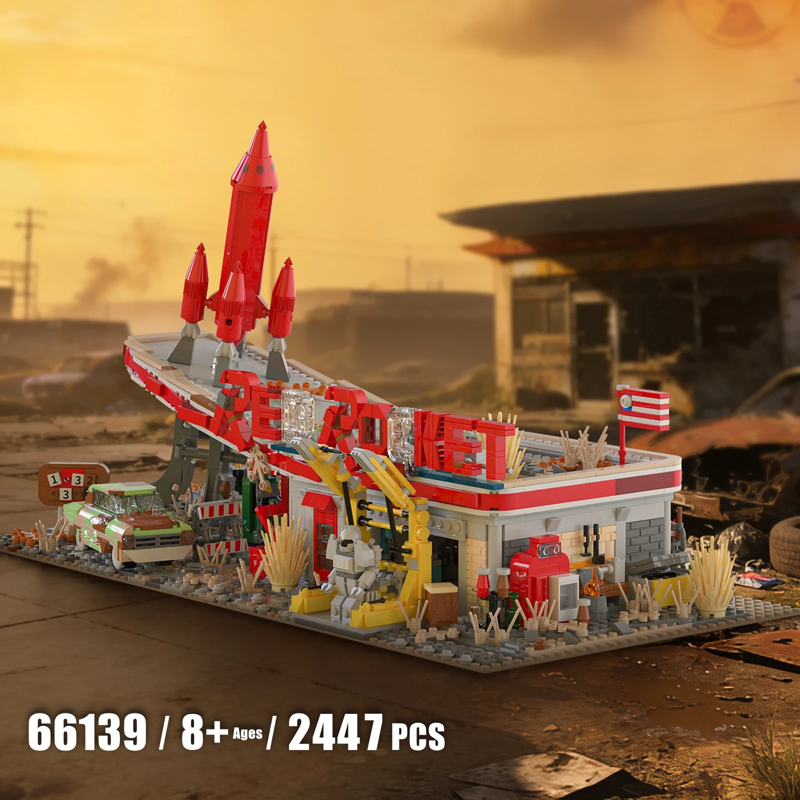 

66139 Red Rocket Gas Station Brick Set, Retro Wasteland Scene Model, Creative Home Decoration Toy Gifts For Adult Kids Game Fans