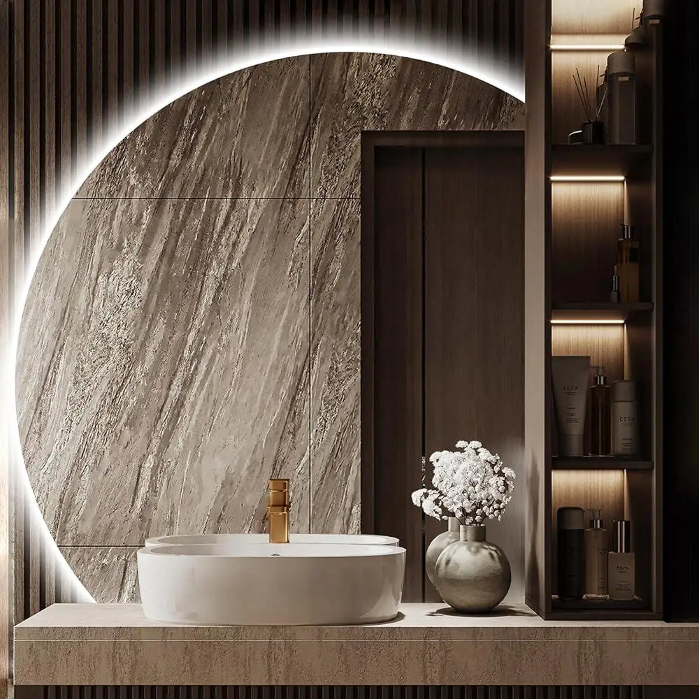 35 Inch Half Moon LED Mirror Backlit Anti-Fog Touch Control Frameless Vanity Mirror Bathroom Entryway