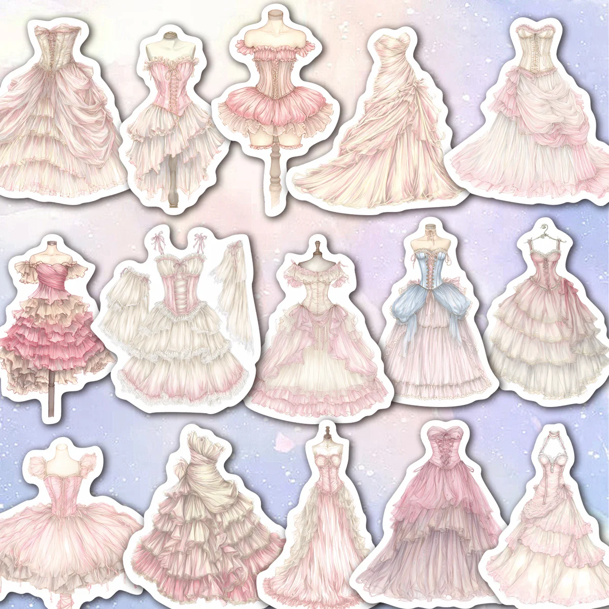 50pcs Soft Watercolor Rococo Gown Stickers | Dreamy Decals for Journal, Phone Case & Gift, Princesscore Fans & Gift Givers