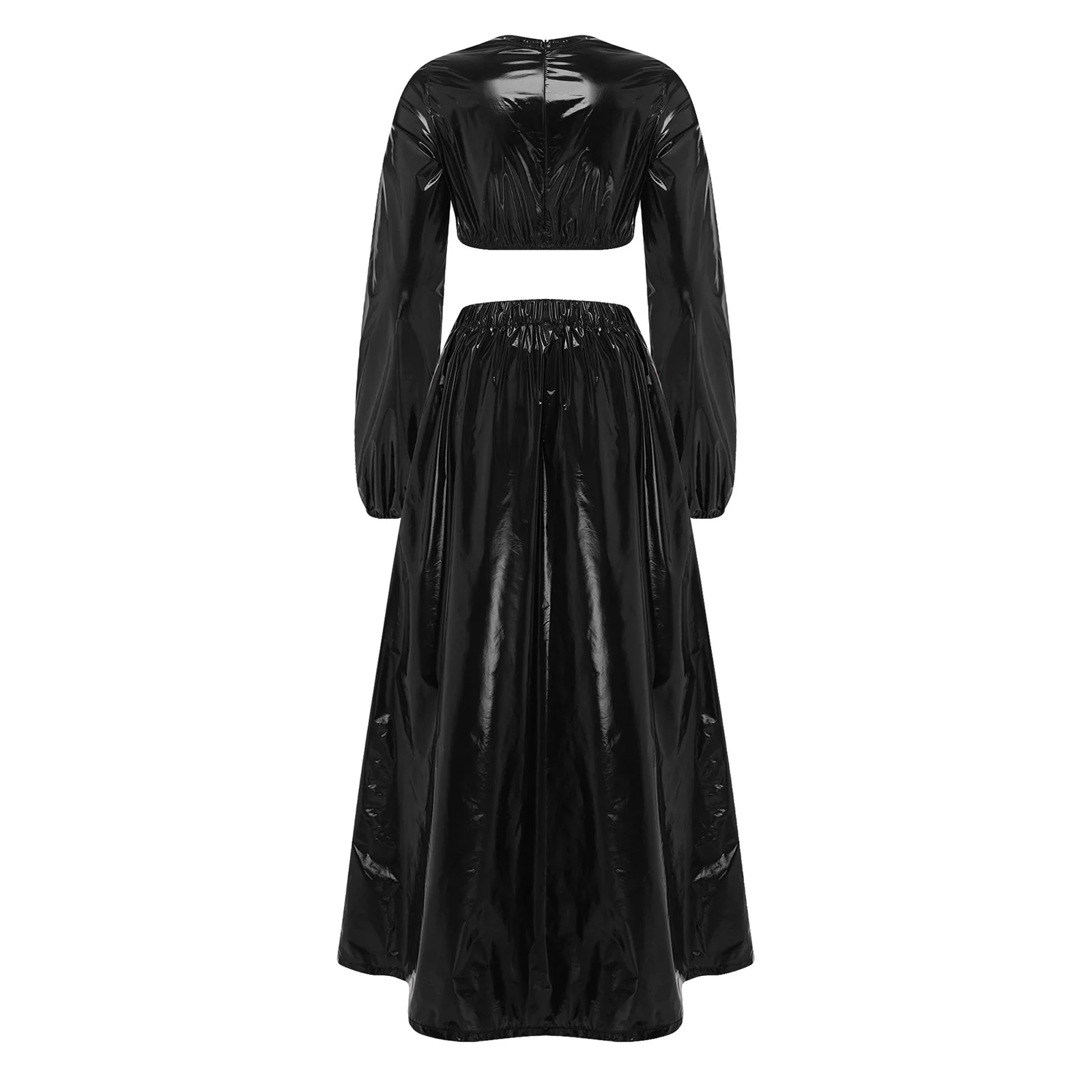 2 Piece Waterproof Outfit for Women Long Sleeve Back Zipper Crop Top and Swing Hem Maxi Skirt Clubwear for Rave Party Beach