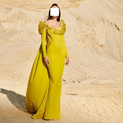 Elegant Party Dresses Woman Floor Length Off the Shoulder Straight Jersey Long Sleeves Pleats Sweep Train Solid Color Formal