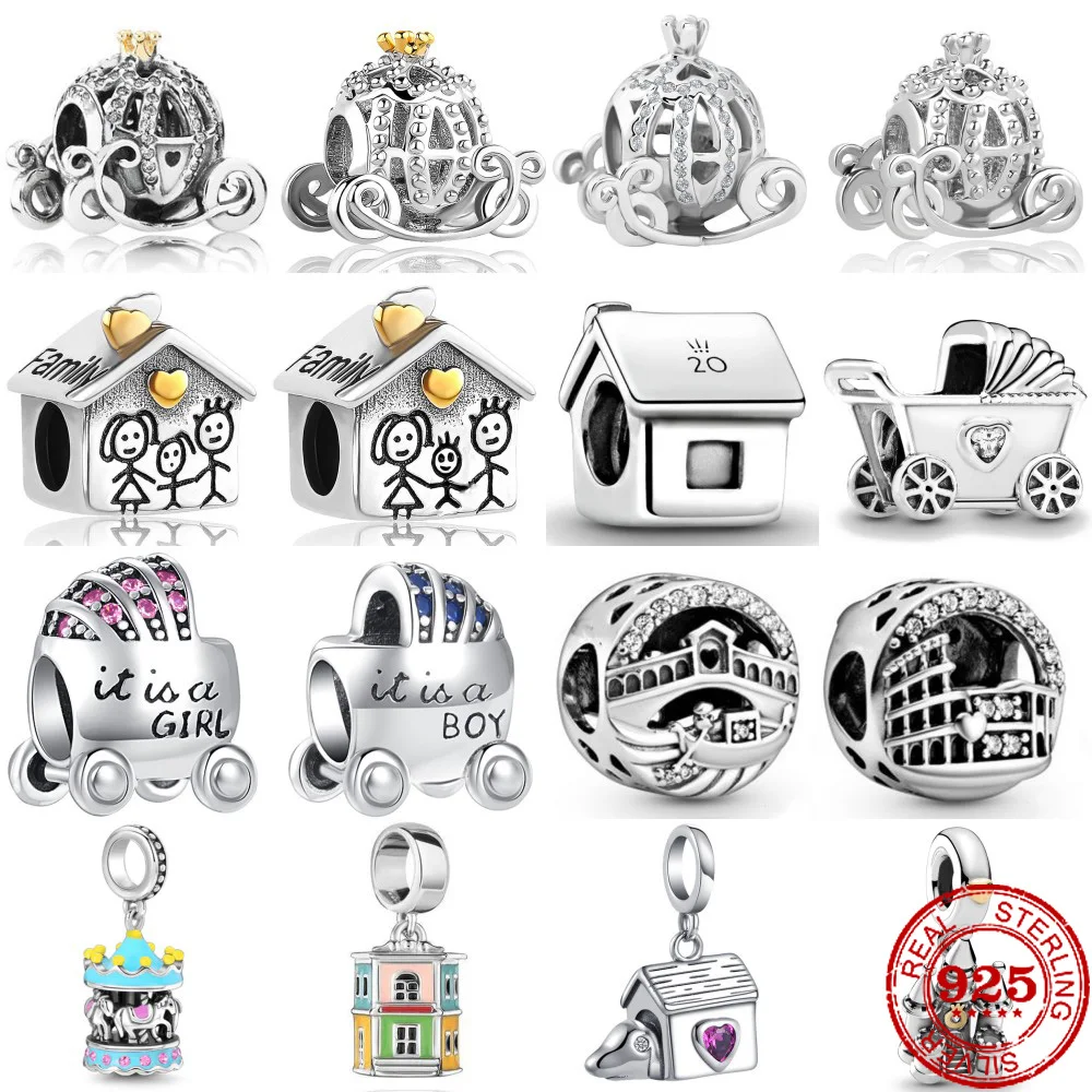 

New 925 Sterling Silver House cart Carousel girl Pendant Charm Bead fit Original Pandora Bracelet Trinket DIY Women Jewelry