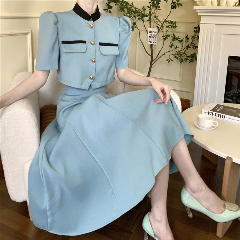 Two Piece Sets Womens Outifits Solid Puff Sleeve Blouses+solid Skirts Korean Fashion Ropa Mujer Summer Elegant Office Lad