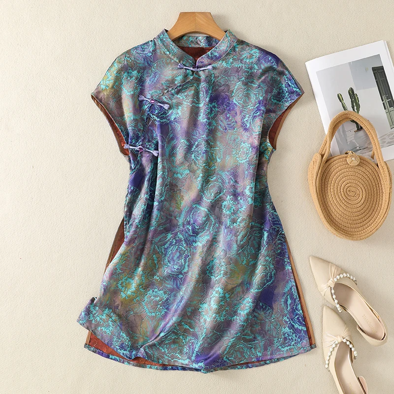 Women's Modern Oriental Dress - Luxury Floral Print Gauze Cheongsam Relaxed Fit Vintage Elegant Qipao Slimming Resort Wear