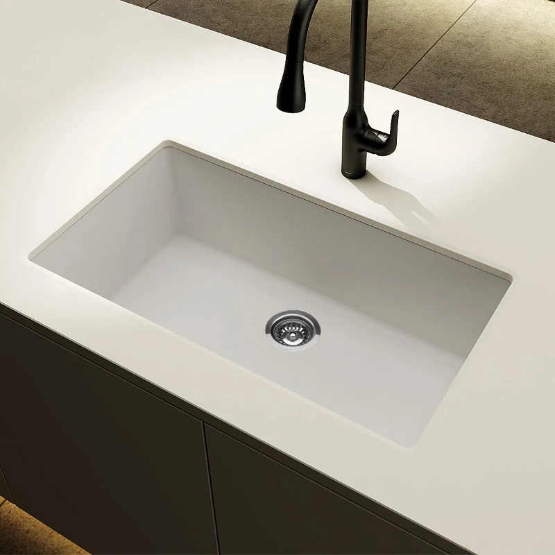 

White granite kitchen sink household bar under-counter basin large single sink vegetable sink wear-resistant quartz stone