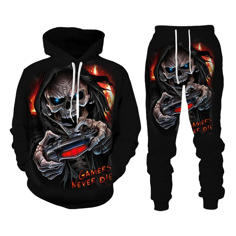 Vintage Gothic Skull Pattern 3d Print Men Tracksuit Sets Casual Hoodie+pants 2pcs Sets Oversized Sweatshirt Trend Men Clothing