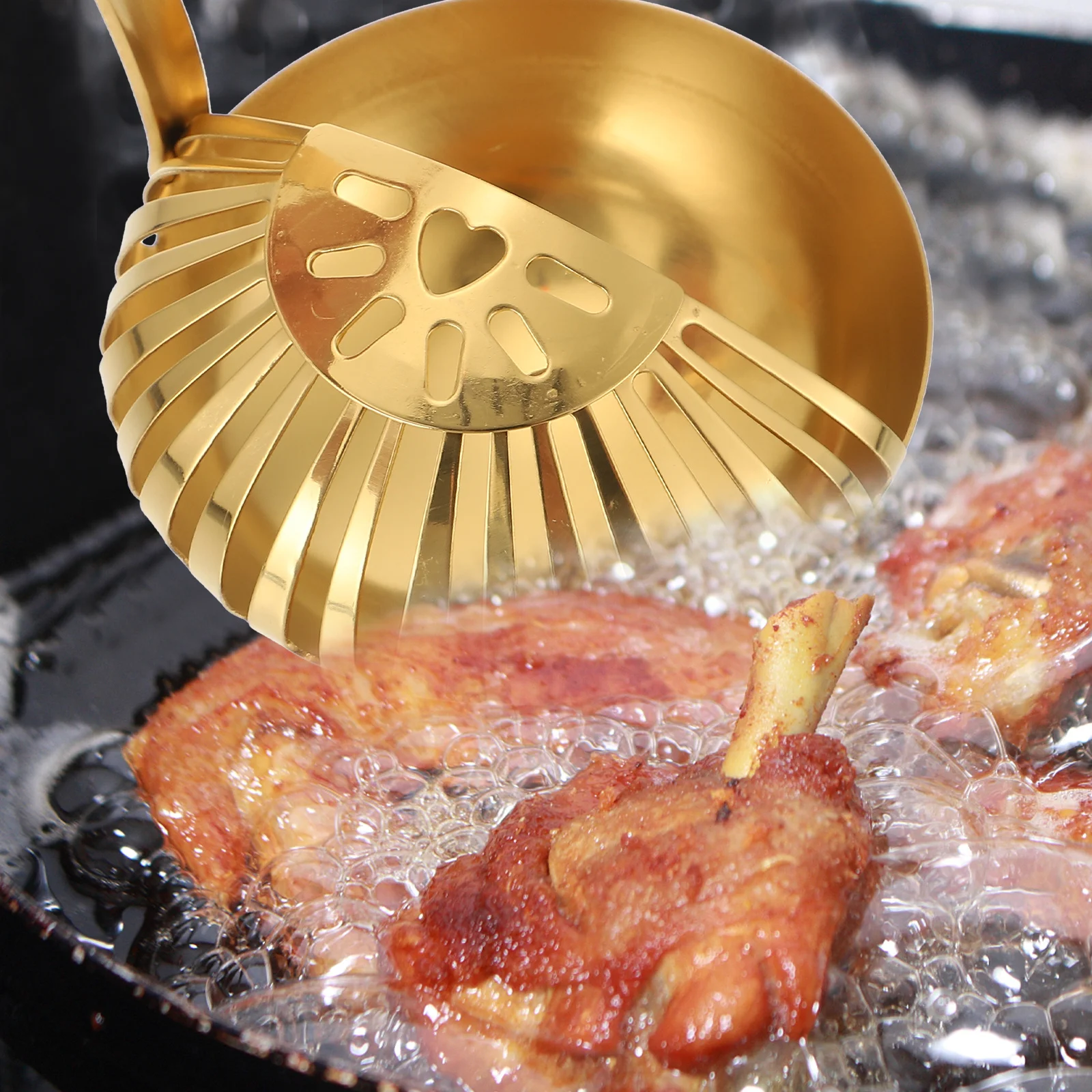 

1 Set Stainless Steel Hot Pot Kit Golden Thick Handle Heat Insulation Mirror Polished Food Serving Kitchen Colander Set Spoon