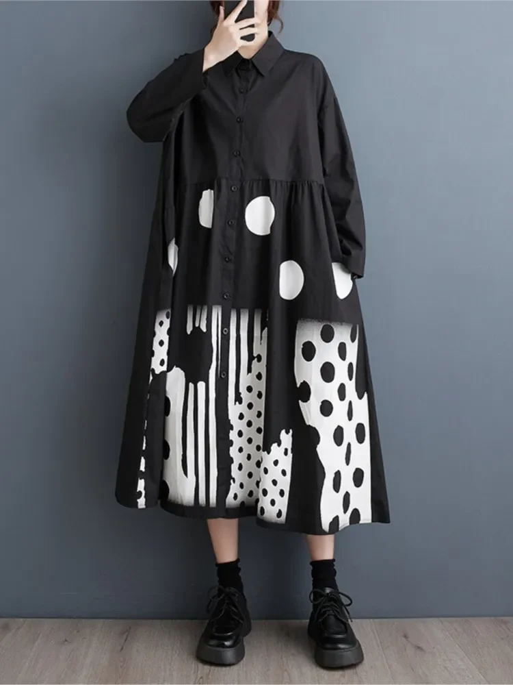 Oversized Autumn Shirt Long Dress Women Striped Polka Dot Print Modis Pleated Ladies Dresses Long Sleeve Loose Woman Dress 2024