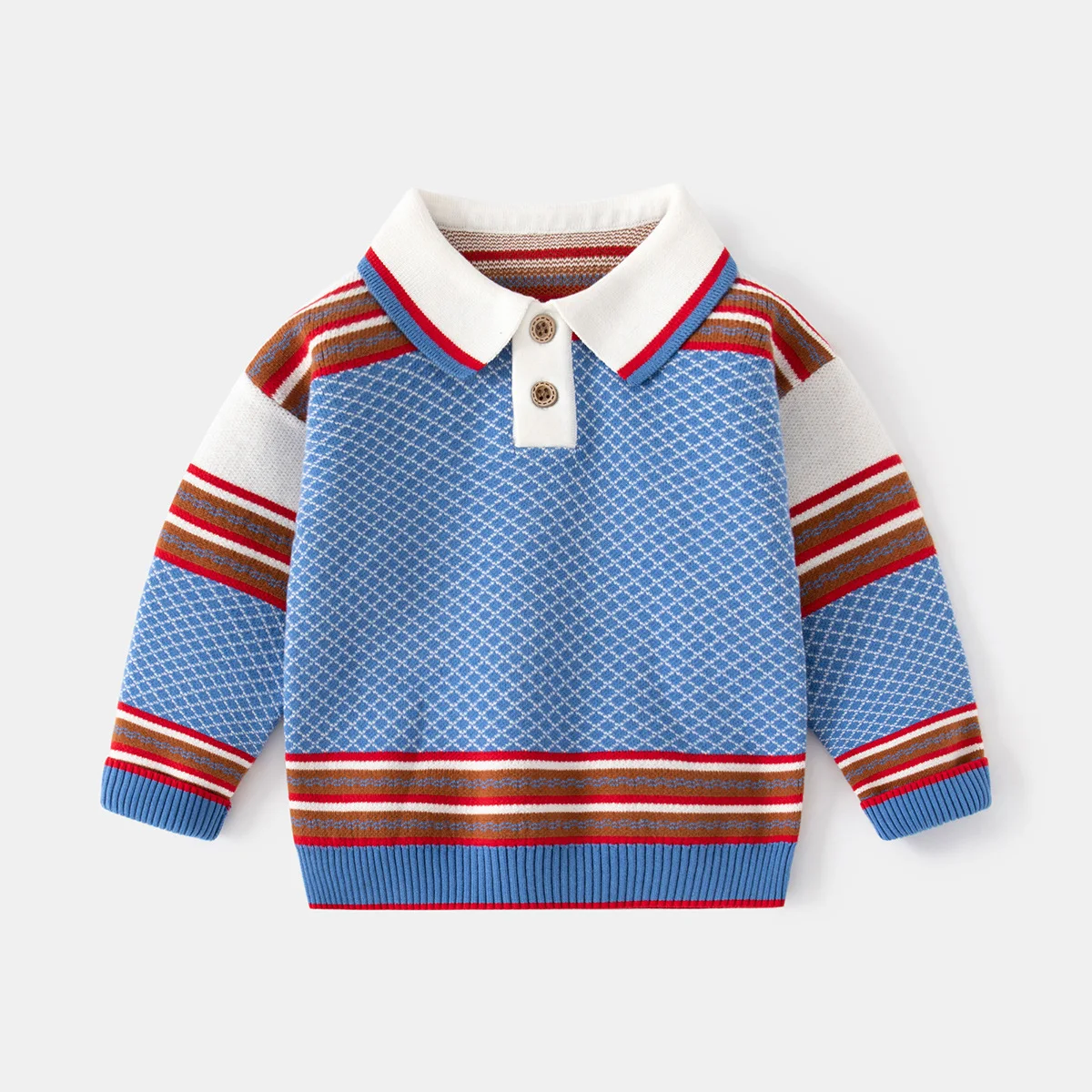 Boys\' Casual Color Block Striped Long Sleeve Sweater Spring Autumn Fashionable Polo Collar Knitted Pullover Knitwear 2-7 Years