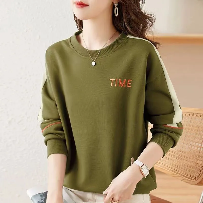 New Autumn Fashion Trend Letter Embroidery Splice Round Neck Loose Versatile Reducing Age Slim Women\'s Long Sleeve Sweater